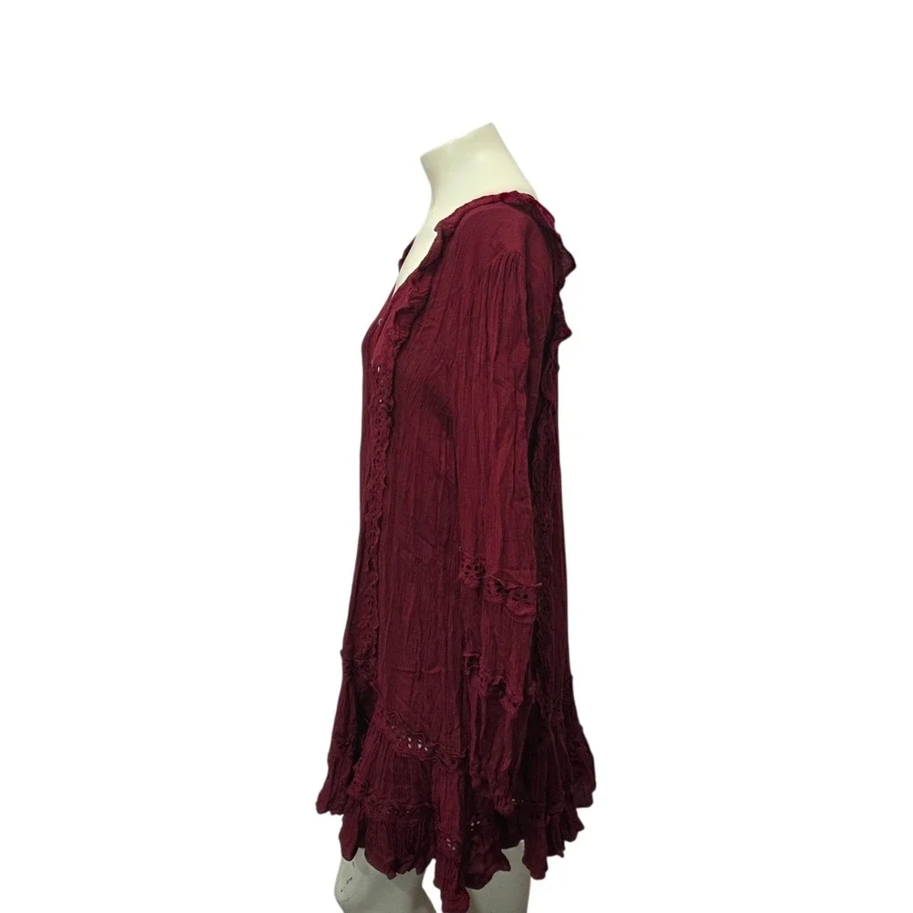 Free People Boho Tunic Dress Burgundy Lace Ruffle Long Sleeve Women's M